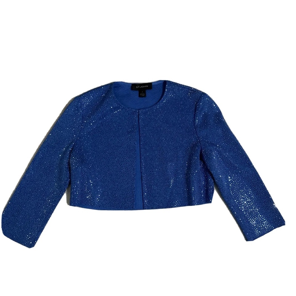 St John Liquid Milano Stud Knit Evening Crop Jacket Royal Blue Rhinestone Size 2 - Picture 5 of 9